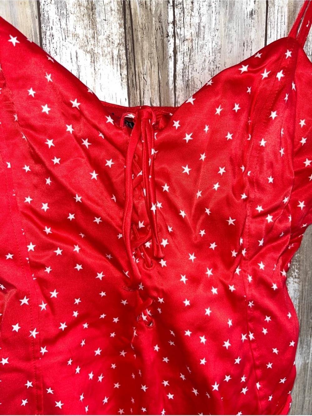 Zara Red Star Print Lace Up Satin Bodysuit NWT Y2K Festival Size L - Picture 3 of 7